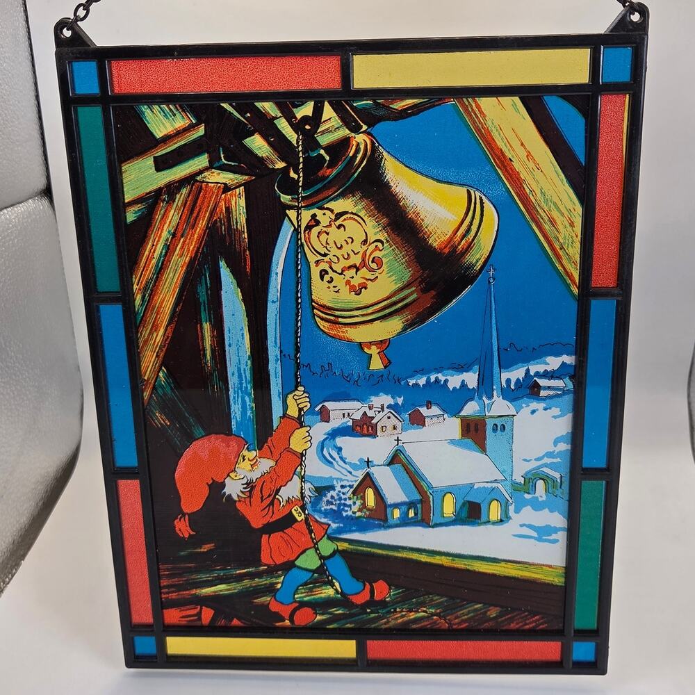 Vintage Faux Stained Glass Christmas Elf Ringing Bell Window Panel Suncatcher